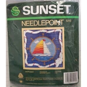 Sunset Needlepoint Kit Ships Ahoy Sailboat 5212 5x5" M Campo 1985 Blue Wht Brwn